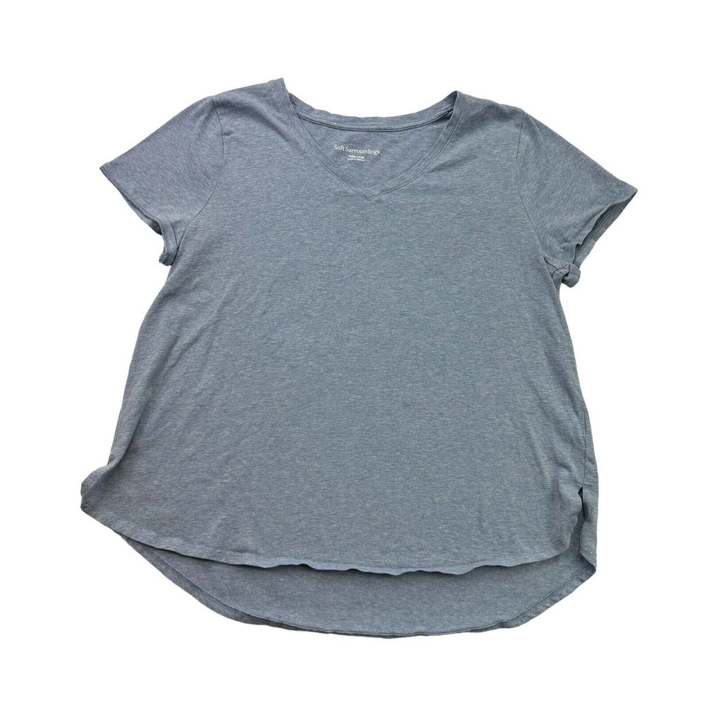 Soft Surroundings Shirt Petite Large PL Blue Short Short Sleeve V Neck